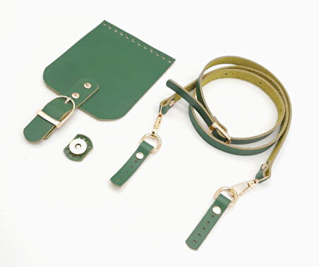 Çanta Aksesuar Yeşil Gerçek Deri 130x1.5 cm Ayarlı Saplı Çanta Seti Light Gold Metalli
