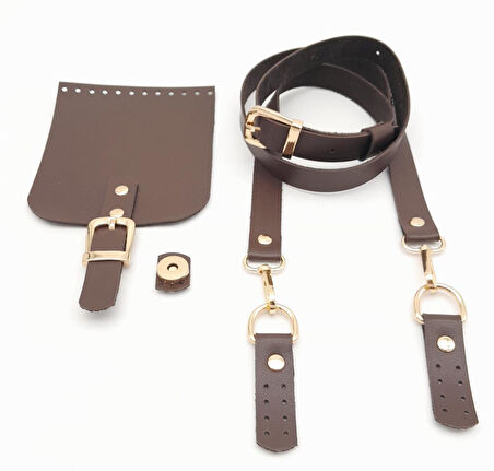 Çanta Aksesuar Kahverengi Tek Kat Suni Deri 130x2 cm Ayarlı Saplı Çanta Seti Light Gold Metalli
