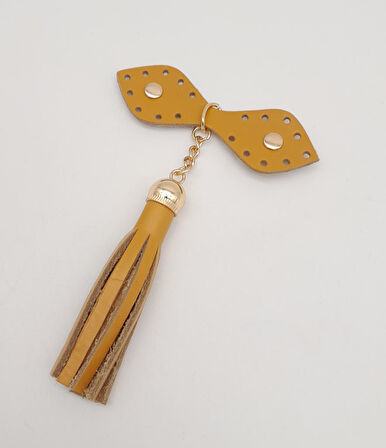 Çanta Aksesuar Gerçek Deri Hardal Cluch Püskül Light Gold Metalli