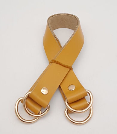 Çanta Aksesuar Hardal Gerçek Deri 37X2.3 Cm Çift Çanta Sapı Light Gold Metalli
