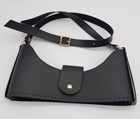 Çanta Aksesuar Siyah Suni Deri 120x2 cm Çanta Saplı Deri Seti Light Gold Metalli