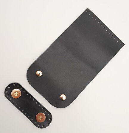 Çanta Aksesuar 11x19 cm Gerçek Deri Çift Mıknatıslı Siyah Renk Çanta Kapağı Light Gold Metalli