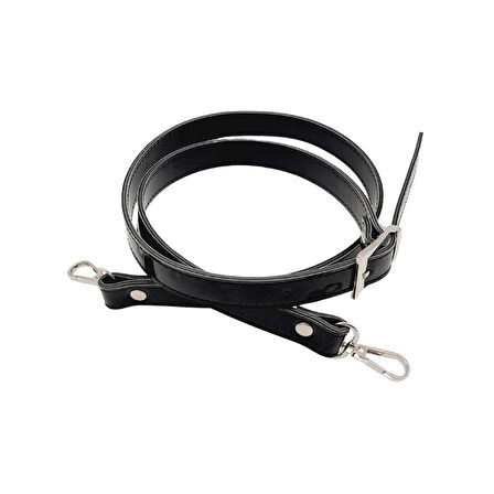 Çanta Aksesuar Rugan Deri 120x2 cm Tokalı Siyah Renk Çanta Sapı Gümüş Metalli