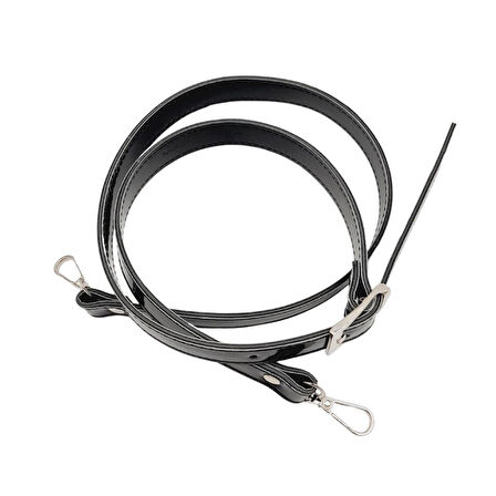 Çanta Aksesuar Rugan Deri 120x2 cm Tokalı Siyah Renk Çanta Sapı Gümüş Metalli