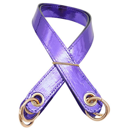 Çanta Aksesuar Parlak Rugan Deri Kuş Gözlü Çift Çanta Sapı Mor Renk Light Gold Metalli