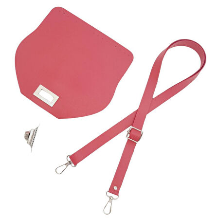 Çanta Aksesuar Suni Deri 21x19 cm Kapaklı ve Ayarlı Saplı Çanta Seti Fuşya Renk Gümüş Metalli