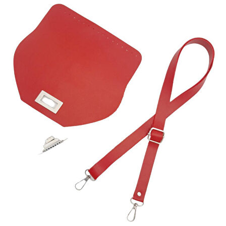 Çanta Aksesuar Suni Deri 21x19 cm Kapaklı ve Ayarlı Saplı Çanta Seti Kırmızı Renk Gümüş Metalli