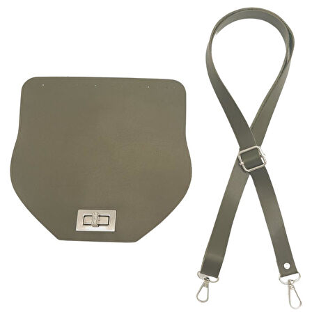 Çanta Aksesuar Suni Deri 21x19 cm Kapaklı ve Ayarlı Saplı Çanta Seti Haki Renk Gümüş Metalli