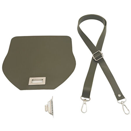 Çanta Aksesuar Suni Deri 21x19 cm Kapaklı ve Ayarlı Saplı Çanta Seti Haki Renk Gümüş Metalli