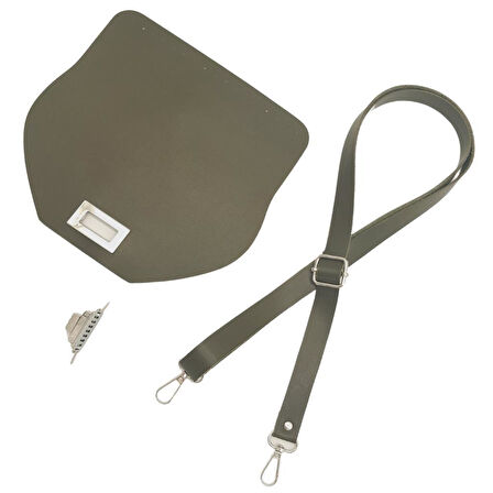 Çanta Aksesuar Suni Deri 21x19 cm Kapaklı ve Ayarlı Saplı Çanta Seti Haki Renk Gümüş Metalli