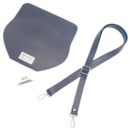 Çanta Aksesuar Suni Deri 21x19 cm Kapaklı ve Ayarlı Saplı Çanta Seti Lacivert Renk Gümüş Metalli