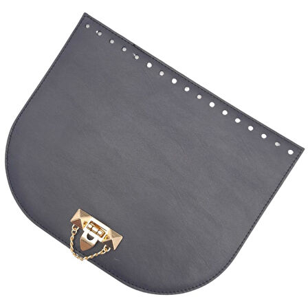 Çanta Aksesuar 24x19 cm Suni Deri Lacivert Renk Zincirli Kilitli Kapak Light Gold Metalli