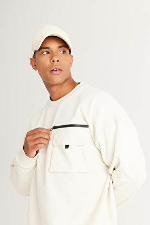 Erkek Bej Oversize Bol Kesim Içi Polarlı Iplik Bisiklet Yaka %100 Pamuk Sweatshirt