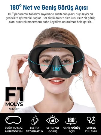 MOLYS F1 PRO DALIŞ MASKESİ + MASKE KORUMA KUTUSU + ANTI FOG (BUĞU ÖNLEYİCİ FİLM) KÜÇÜK YÜZ YAPISINA SAHİP KULLANICILAR İÇİN İDEAL