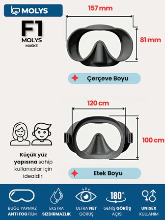 MOLYS F1 PRO DALIŞ MASKESİ + MASKE KORUMA KUTUSU + ANTI FOG (BUĞU ÖNLEYİCİ FİLM) KÜÇÜK YÜZ YAPISINA SAHİP KULLANICILAR İÇİN İDEAL