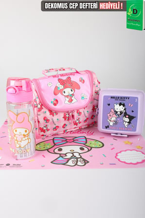 x Dekomus Lisanslı My Melody Sweet Berry Collection Termoslu Beslenme Çantası,Beslenme Kabı,Matara,Beslenme Örtüsü Seti
