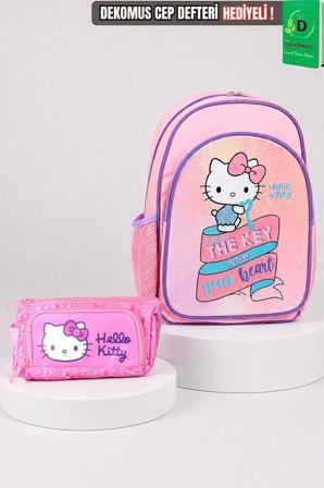  x Dekomus Heart Key Collection Hello Kitty Lisanslı Ortopedik İlkokul Çantası Ve Kalem Çantası Seti