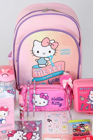  x Dekomus Heart Key Collection Hello Kitty Lisanslı Full Kırtasiye Seti İlkokul Çantası,Beslenme Kabı,Matara 