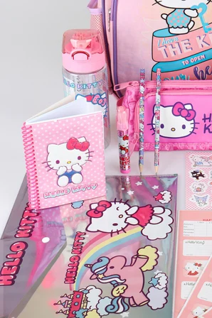  x Dekomus Heart Key Collection Hello Kitty Lisanslı Full Kırtasiye Seti İlkokul Çantası,Beslenme Kabı,Matara 