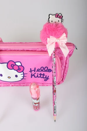  x Dekomus "Heart Key Collection" Hello Kitty Lisanslı Kalem Çantası ,Kurdele Tepeli Kurşun Kalem,Roket Silgi ve Kalem Seti