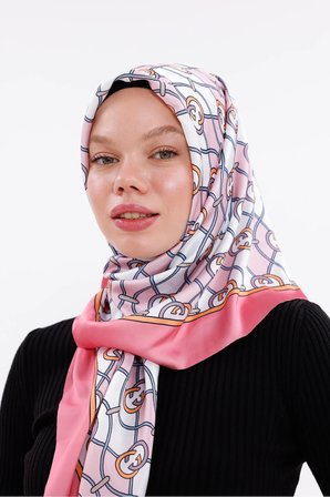 Zincir Desenli Pudra Pembe Şifon Saten Eşarp - 100x100 cm