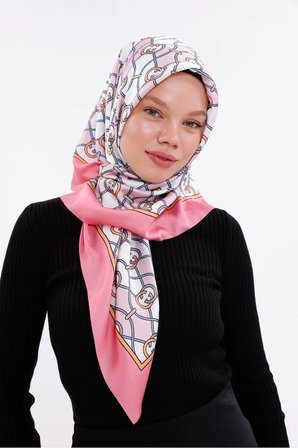 Zincir Desenli Pudra Pembe Şifon Saten Eşarp - 100x100 cm
