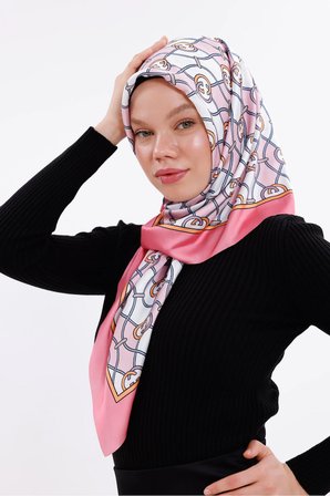 Zincir Desenli Pudra Pembe Şifon Saten Eşarp - 100x100 cm