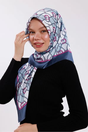 Pembe-Mavi Zincir Desenli Desenli Şifon Saten Eşarp - 100x100 cm