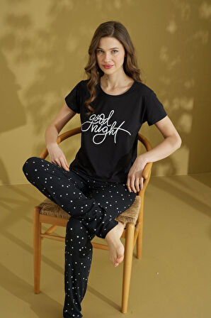 Kadın Desenli V Yaka Düğmesiz Yazlık Viskon Kısa Kol Pijama Takımı