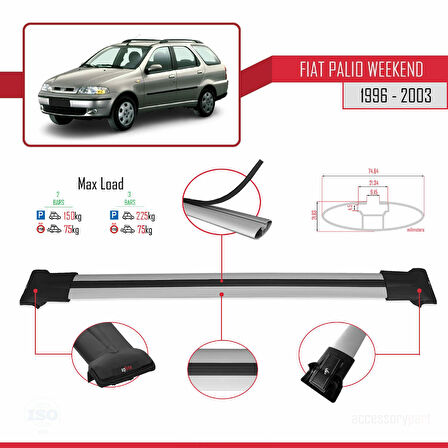 Fiat Palio (178) Weekend 1996-2003 Arası ile Uyumlu FLY Model Ara Atkı Tavan Barı Gri 2 Adet
