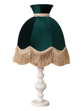 Zümrüt Yeşili Kadife Kaplı Püsküllü Başlık Beyaz Ahşap Ayak Jumbo Boy Klasik Model Abajur 80x35cm