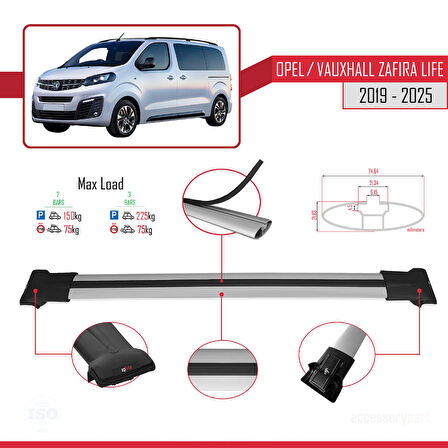 Opel Zafira Life 2019 ve Sonrası ile Uyumlu FLY Model Ara Atkı Tavan Barı Gri 2 Adet