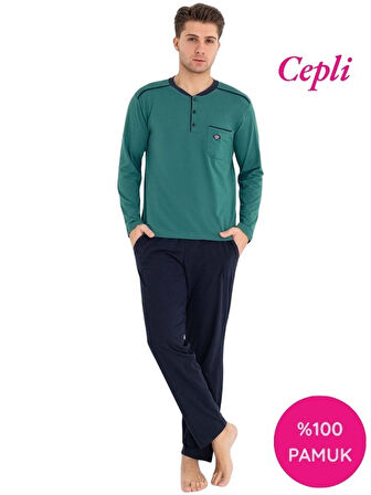 Erkek 3 Düğmeli %100 Pamuk Göğüs Cepli Mevsimlik Uzun Kol Cepli Pijama Takımı