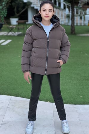 Kız Çocuk Kapüşonlu Cepli Su Geçirmez Nova Kumaş Kışlık Mont KM4011
