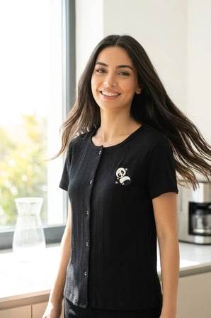 Kadın Ayıcık Desenli Bambu Viskon Kısa Kollu Soft Örme Pijama Takımı
