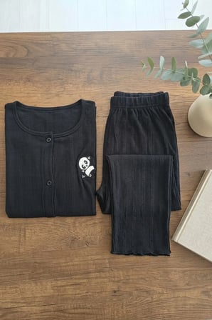 Kadın Ayıcık Desenli Bambu Viskon Kısa Kollu Soft Örme Pijama Takımı