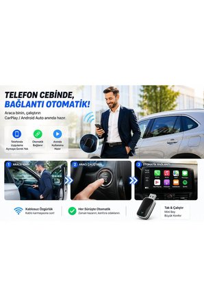 Kablosuz CarPlay Android Auto Dönüştürücü USB & Type-C Mini Adaptör | Wireless CarPlay Dongle | Tak 