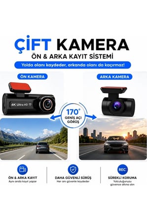 	4K Ultra Hd Mini Araç Kamerası Ön ve Arka Çift Kameralı Wifi Gps Destekli Gece Görüşlü 64GB Hafıza 