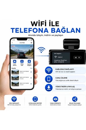 	4K Ultra Hd Mini Araç Kamerası Ön ve Arka Çift Kameralı Wifi Gps Destekli Gece Görüşlü 64GB Hafıza 