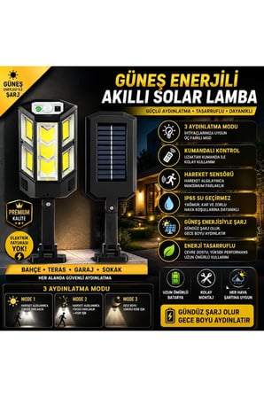  GÜNEŞ ENERJİLİ LED AYDINLATMA LAMBASI – KUMANDALI | HAREKET SENSÖRLÜ 💡 3 MODLU 💡 IP65 SU GEÇİRM
