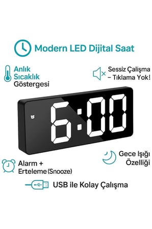 LED Dijital Masa Saati Isı Göstergeli , Alarmlı , Büyük Ekran , Sessiz