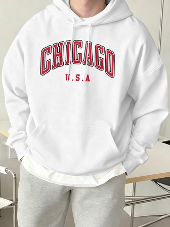Chicago ABD Mektup Baskılı Erkek Günlük Kapüşonlu Sweatshirtler Her Şeyle Uyumlu Polar Sweats