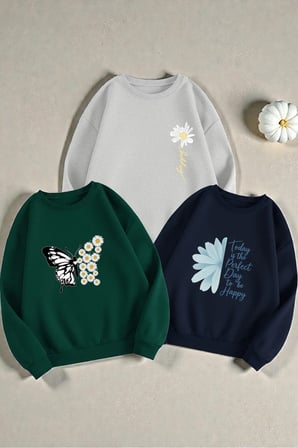 Çok Renkli En sevilen Papatya Serisi Baskılı Sweatshirt 3'lü Fırsat Paketi