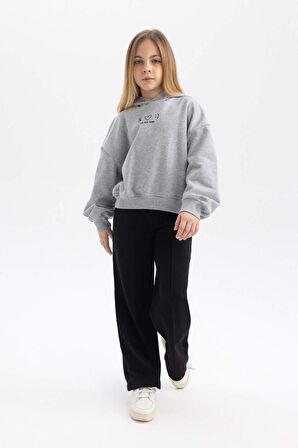 DeFacto Kız Çocuk Oversize Fit Kapüşonlu Baskılı İçi Yumuşak Tüylü Kalın Sweatshirt B2511A823WNGR379