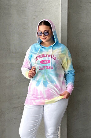 Büyük Beden Batik Desenli Kapüşonlu Baskılı İnce Sweatshirt 303144