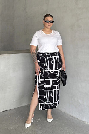 Büyük Beden Beli Lastikli Soyut Desenli Yırtmaç Detaylı Uzun Etek 98-120