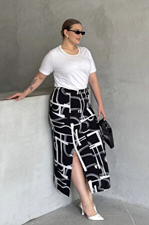 Büyük Beden Beli Lastikli Soyut Desenli Yırtmaç Detaylı Uzun Etek 98-120