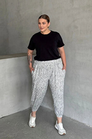 Büyük Beden Beli ve Paçası Lastikli Cepli Bol Pantolon 88-177