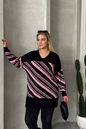 Büyük Beden V Yaka Uzun Kollu Bileği Lastikli Yırtmaçlı Bluz 303086