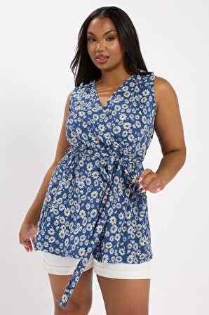 Büyük Beden V Yaka Sıfır Kol Çiçek Desenli Kuşaklı Anvelop Bluz 322681